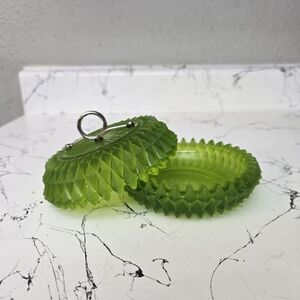 Vintage Diamond Point Green Glass Powder Jar Candy Dish Metal Handle Vaseline